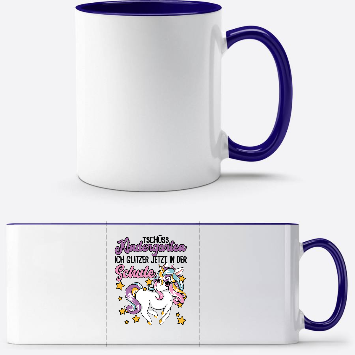 Tasse Einschulung Einhorn: Ich glitzer jetzt in der Schule - Weiß/Dunkelblau