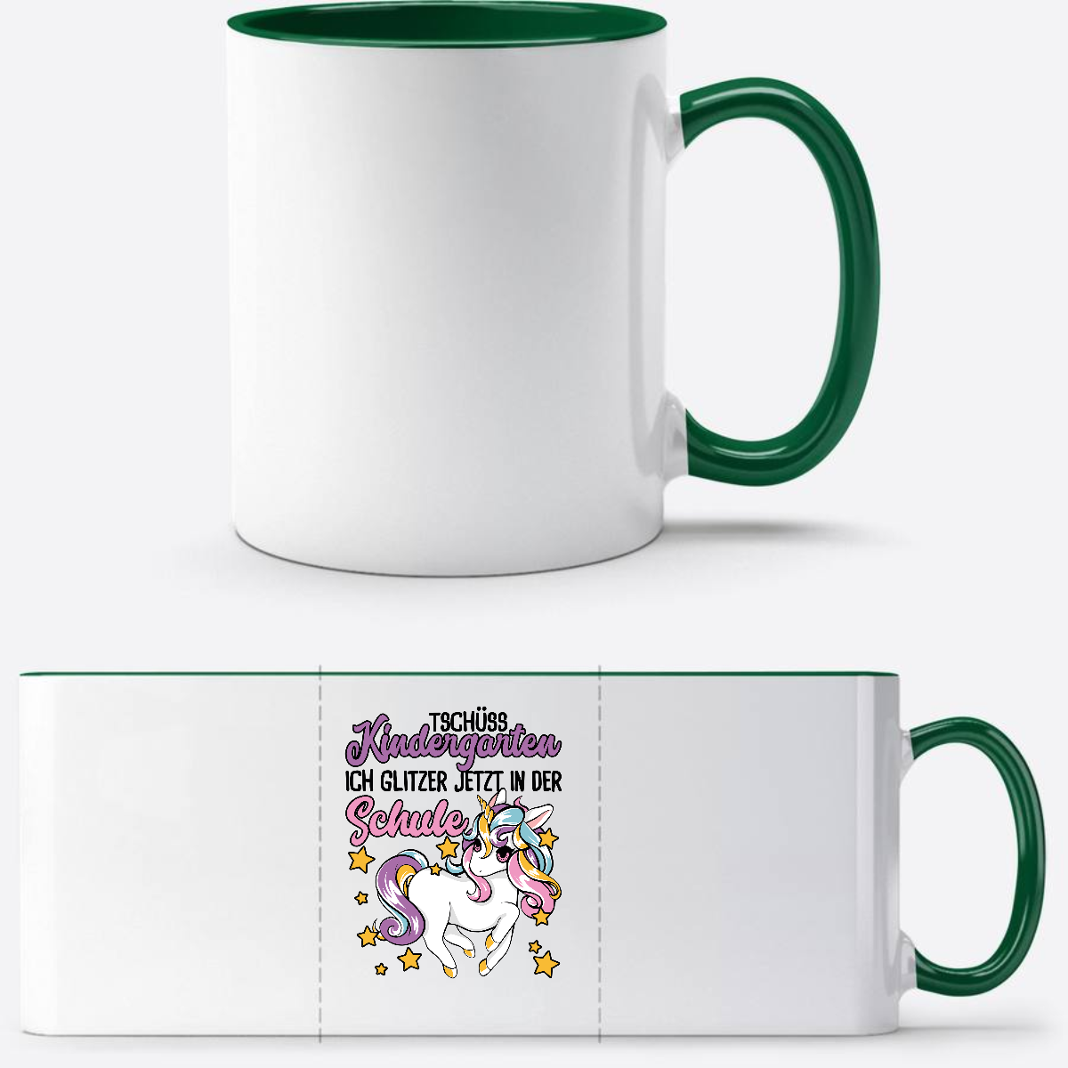Tasse Einschulung Einhorn: Ich glitzer jetzt in der Schule - Weiß/Dunkelgrün