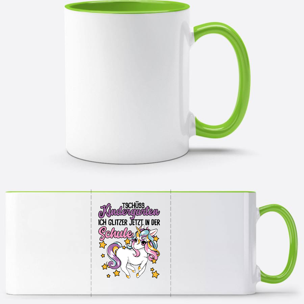 Tasse Einschulung Einhorn: Ich glitzer jetzt in der Schule - Weiß/Grün