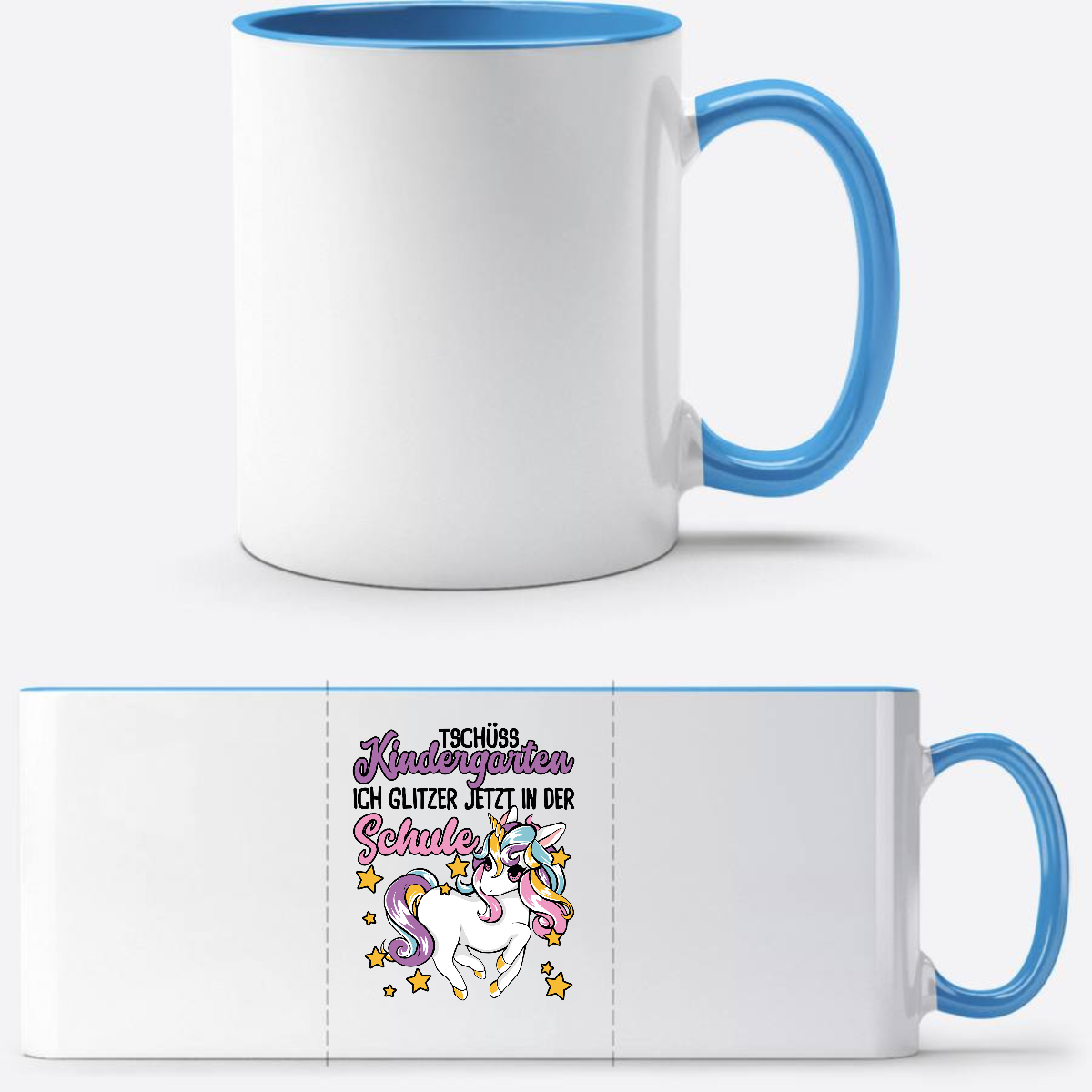 Tasse Einschulung Einhorn: Ich glitzer jetzt in der Schule - Weiß/Hellblau