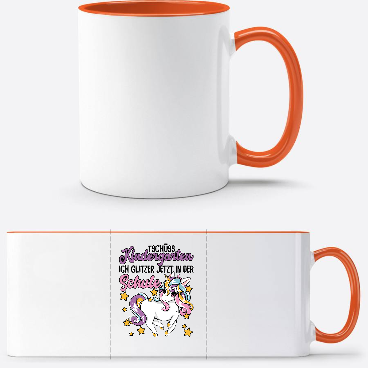 Tasse Einschulung Einhorn: Ich glitzer jetzt in der Schule - Weiß/Orange