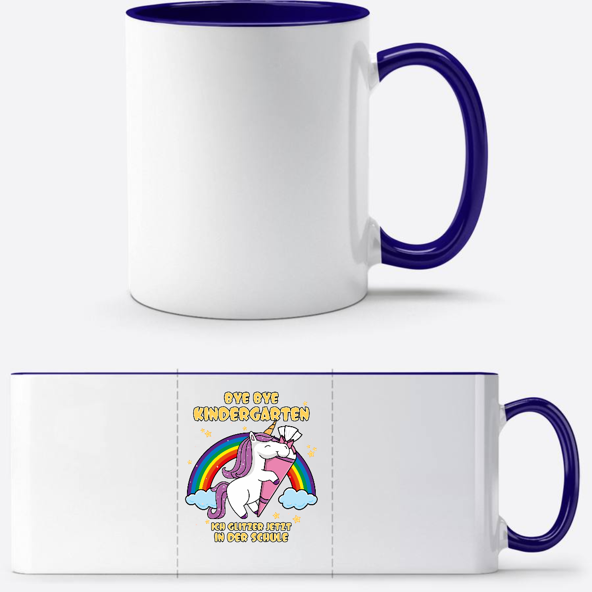 Tasse Einschulung Einhorn mit Name – Ich glitzer in der Schule - Weiß/Dunkelblau