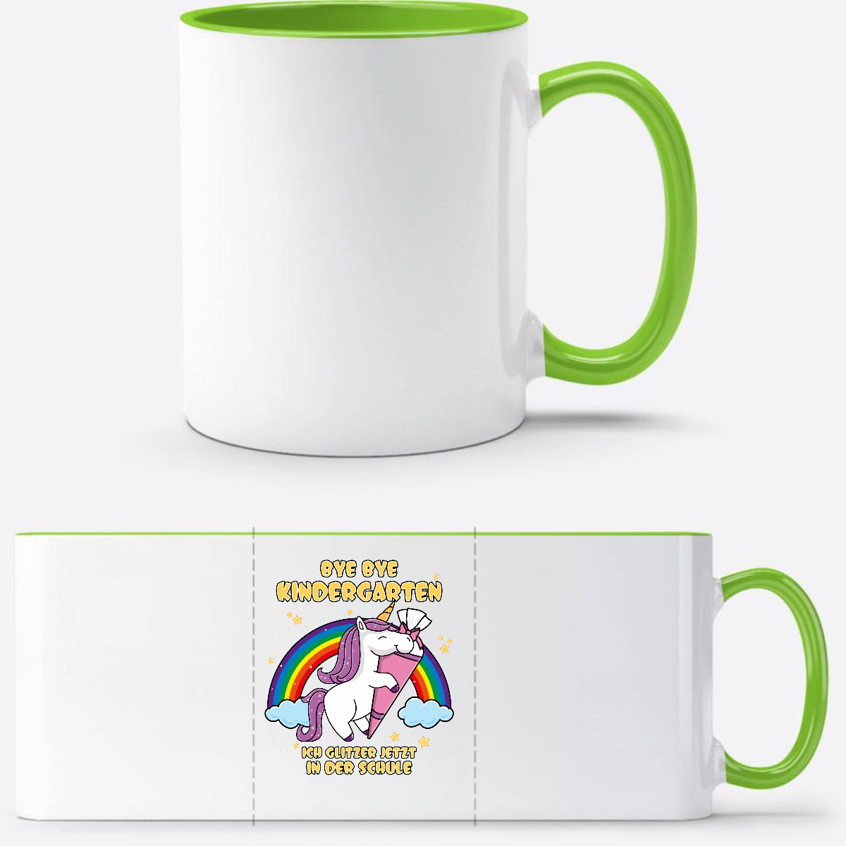Tasse Einschulung Einhorn mit Name – Ich glitzer in der Schule - Weiß/Grün