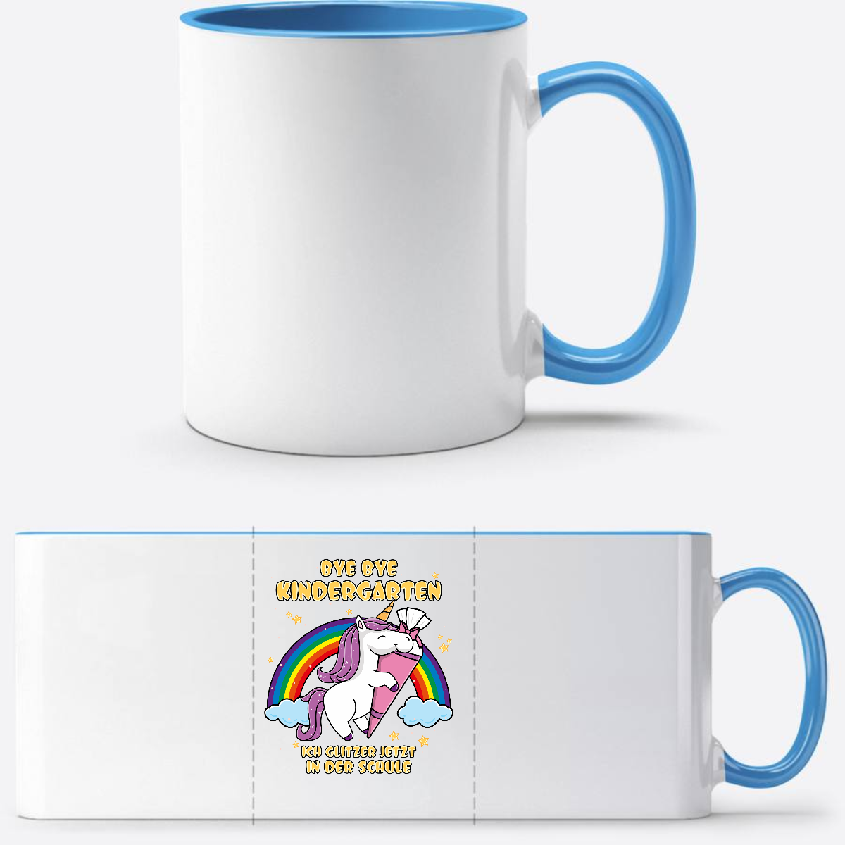Tasse Einschulung Einhorn mit Name – Ich glitzer in der Schule - Weiß/Hellblau