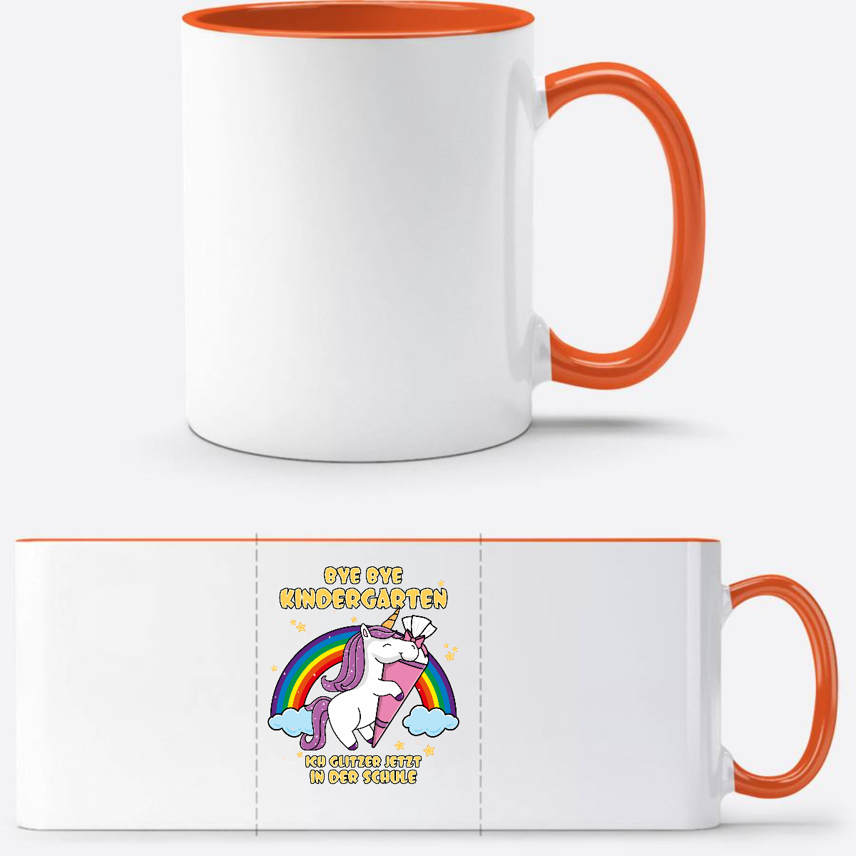 Tasse Einschulung Einhorn mit Name – Ich glitzer in der Schule - Weiß/Orange