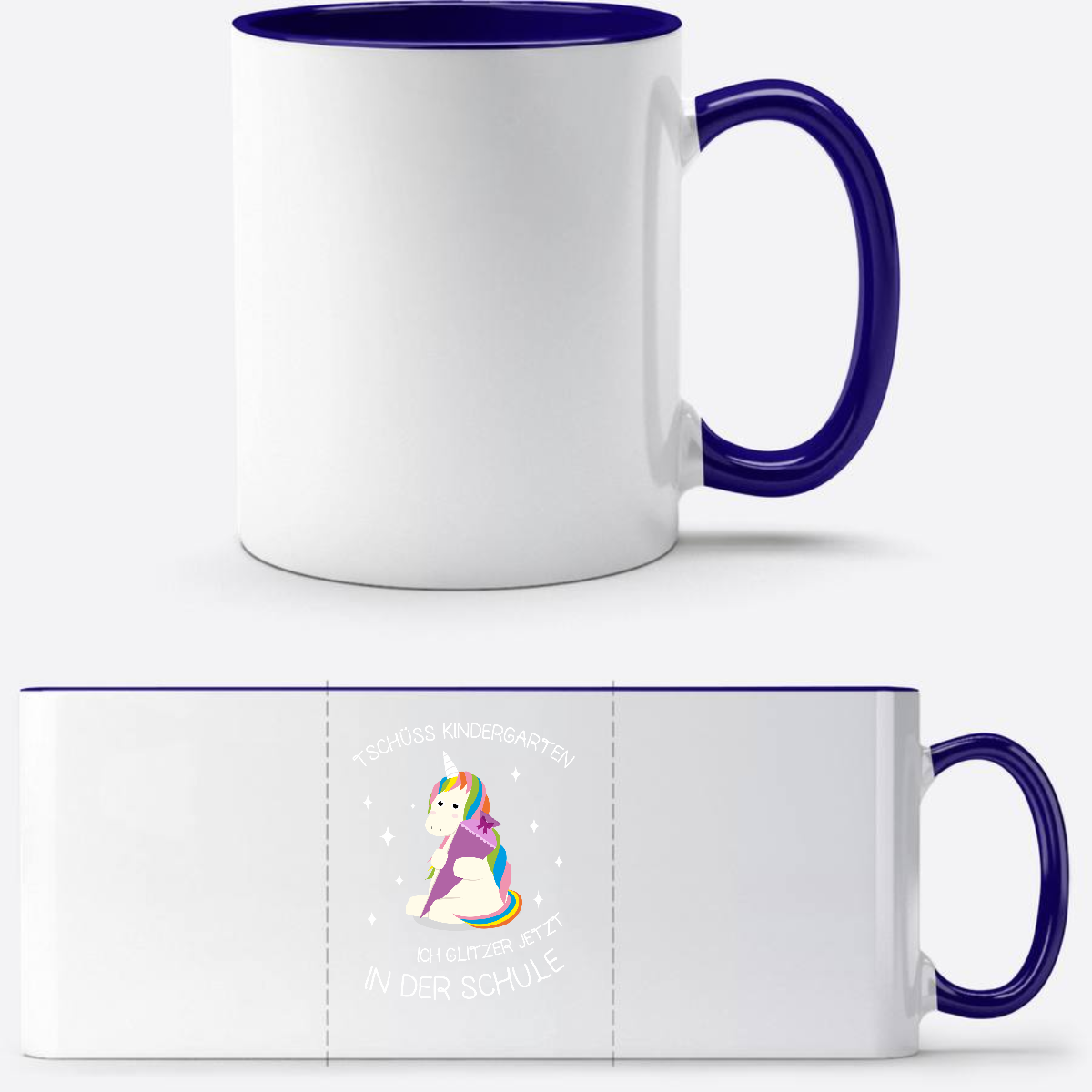 Tasse Einschulung Einhorn personalisiert – Tschüss Kindergarten - Weiß/Dunkelblau
