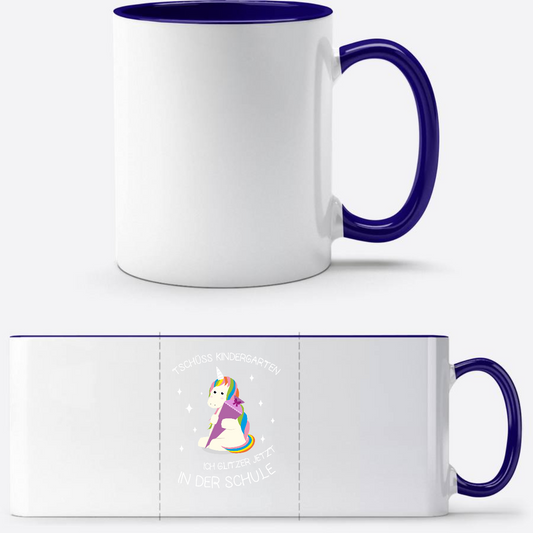 Tasse Einschulung Einhorn personalisiert – Tschüss Kindergarten - Weiß/Dunkelblau
