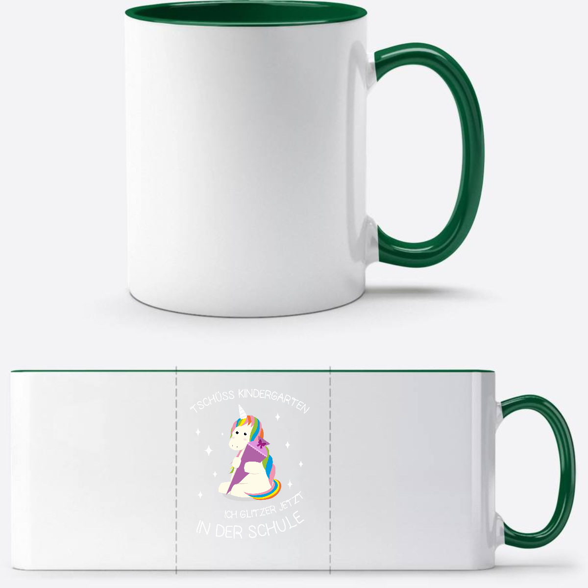 Tasse Einschulung Einhorn personalisiert – Tschüss Kindergarten - Weiß/Dunkelgrün