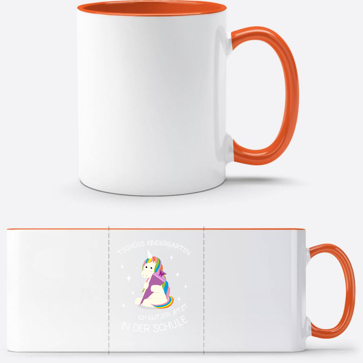 Tasse Einschulung Einhorn personalisiert – Tschüss Kindergarten - Weiß/Orange
