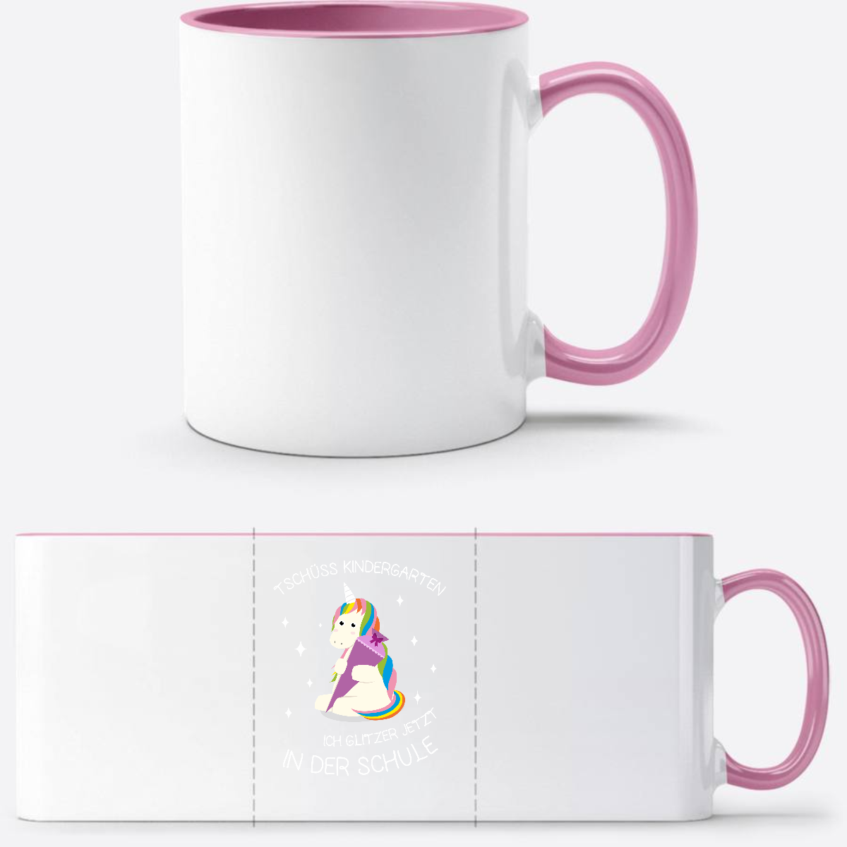 Tasse Einschulung Einhorn personalisiert – Tschüss Kindergarten - Weiss/Rosa