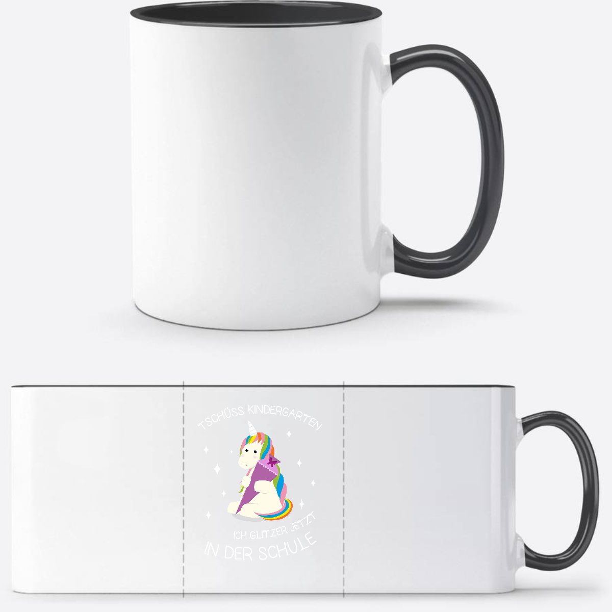 Tasse Einschulung Einhorn personalisiert – Tschüss Kindergarten - Weiß/Schwarz