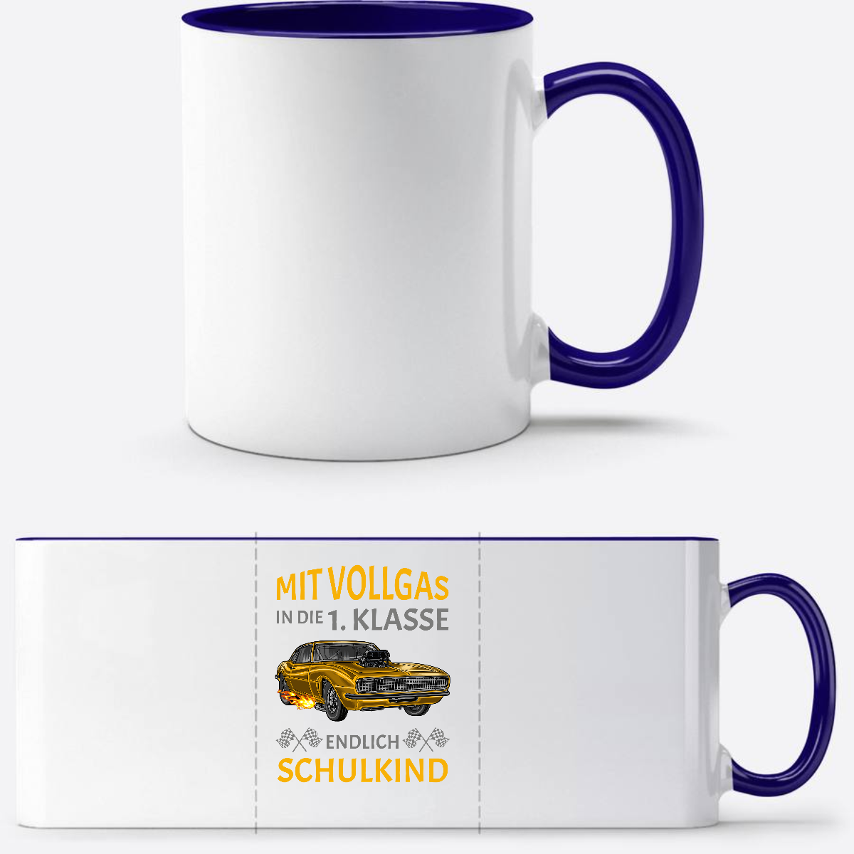 Tasse Einschulung: Mit Vollgas in die 1. Klasse – Rennauto - Weiß/Dunkelblau