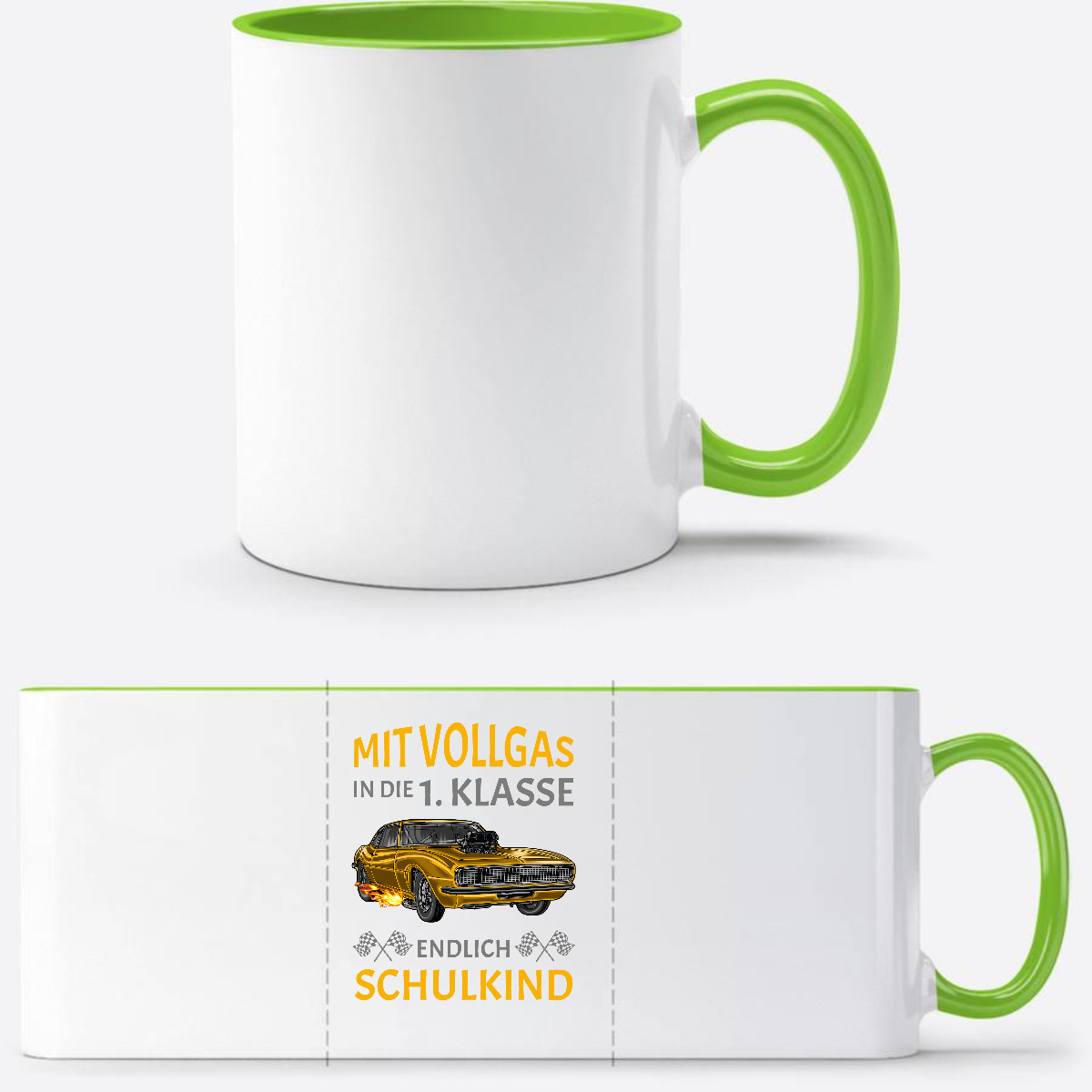 Tasse Einschulung: Mit Vollgas in die 1. Klasse – Rennauto - Weiß/Grün