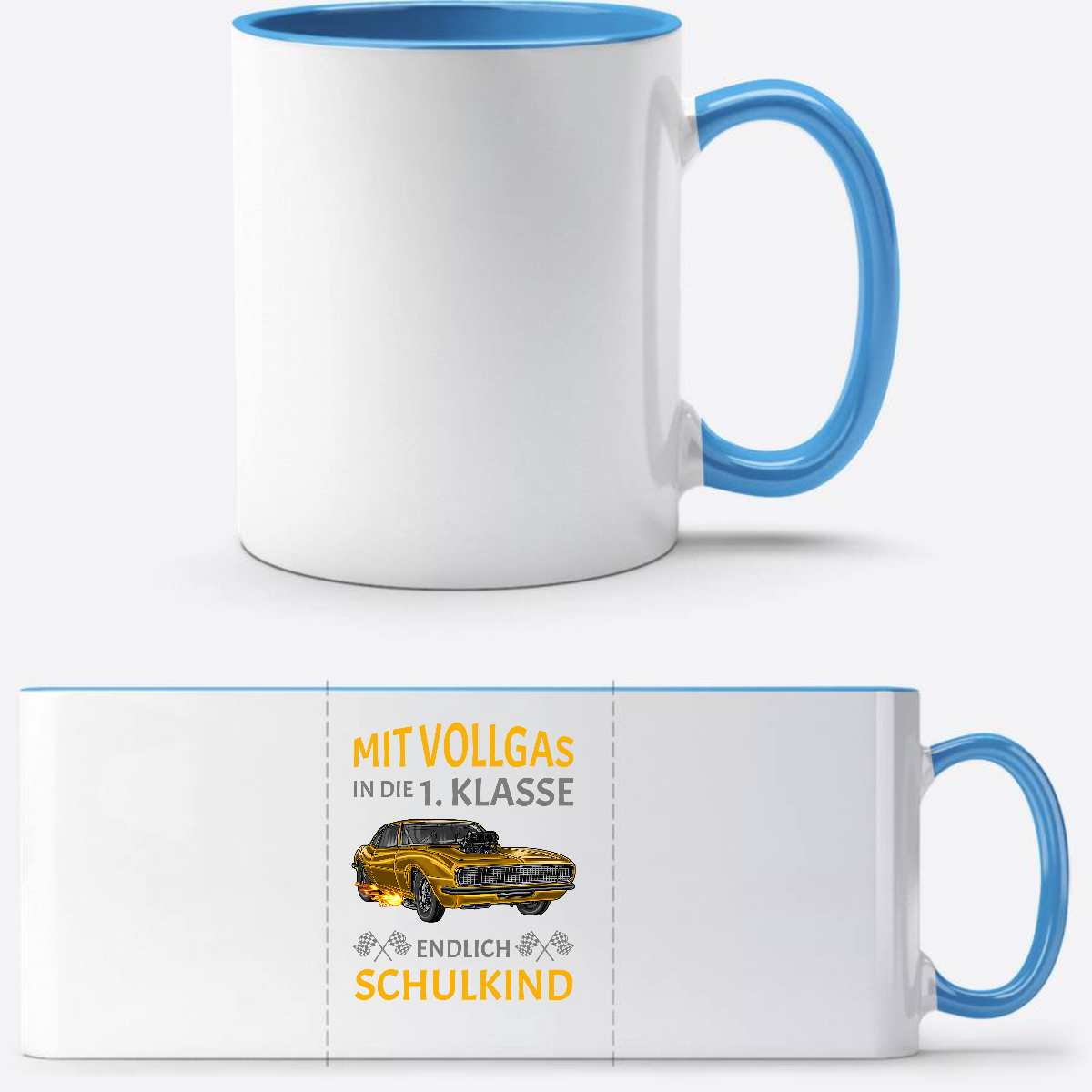 Tasse Einschulung: Mit Vollgas in die 1. Klasse – Rennauto - Weiß/Hellblau