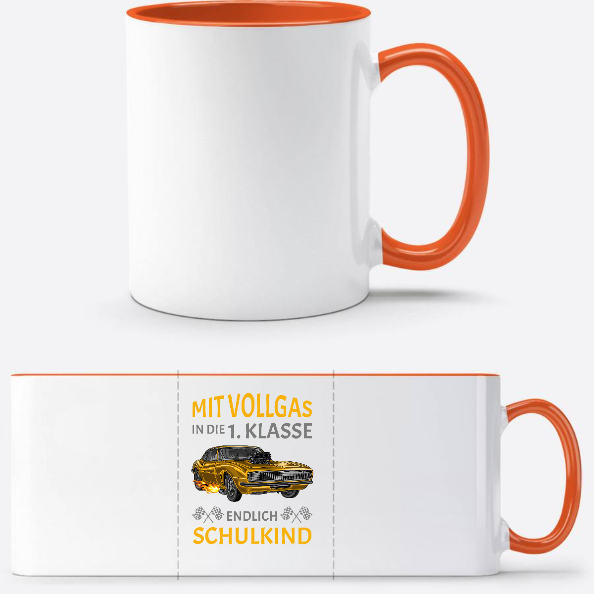 Tasse Einschulung: Mit Vollgas in die 1. Klasse – Rennauto - Weiß/Orange