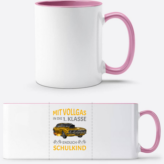 Tasse Einschulung: Mit Vollgas in die 1. Klasse – Rennauto - Weiss/Rosa
