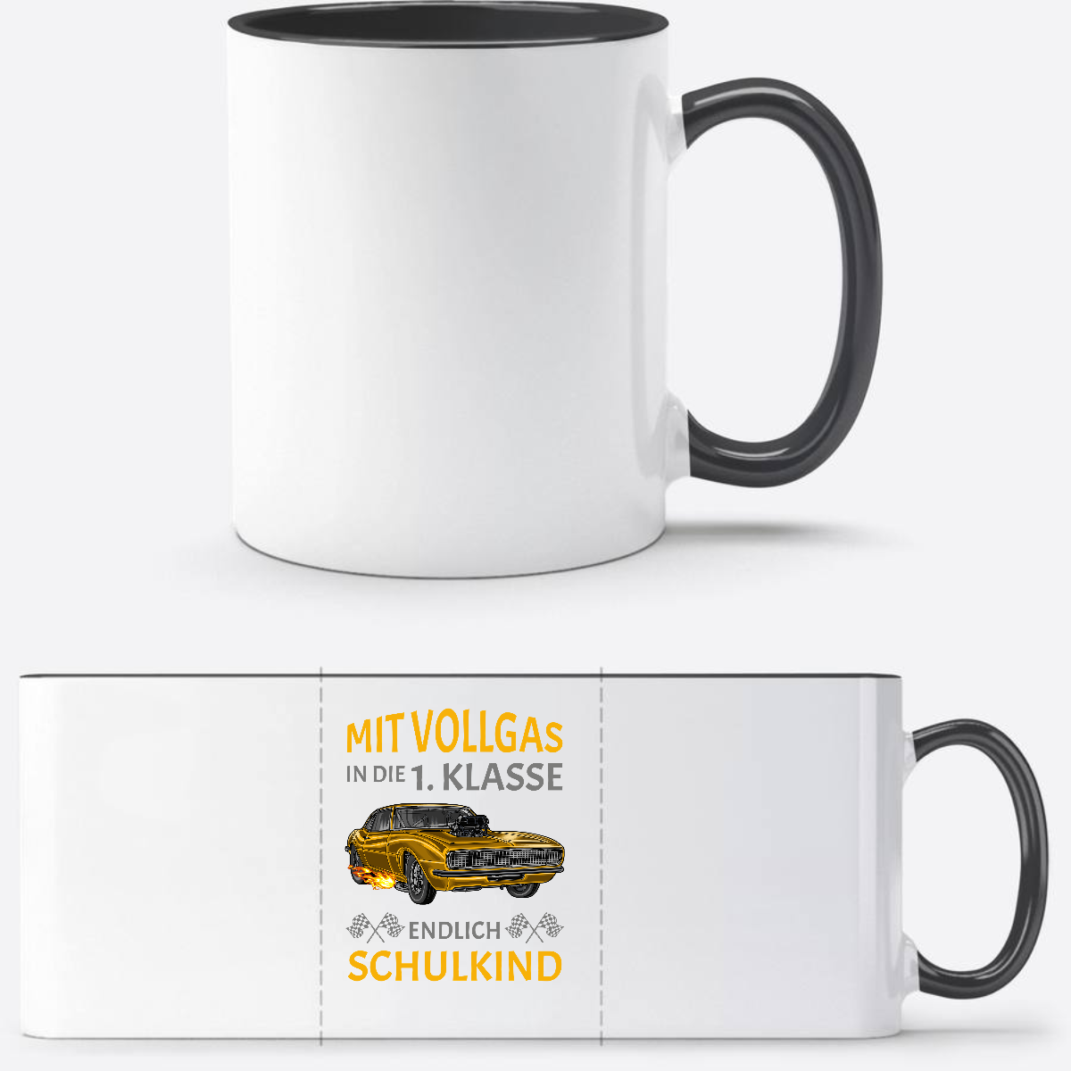 Tasse Einschulung: Mit Vollgas in die 1. Klasse – Rennauto - Weiß/Schwarz