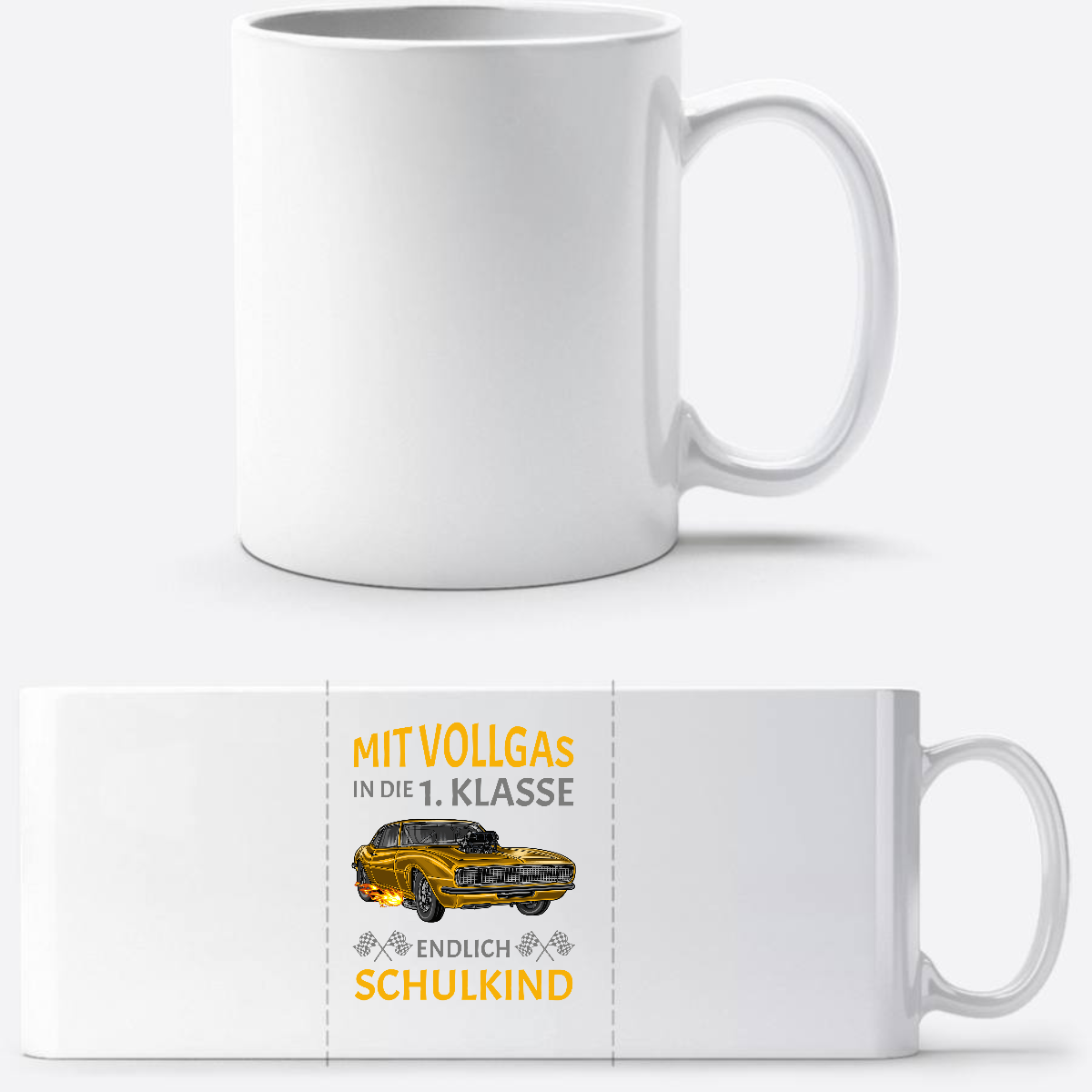 Tasse Einschulung: Mit Vollgas in die 1. Klasse – Rennauto - Weiß
