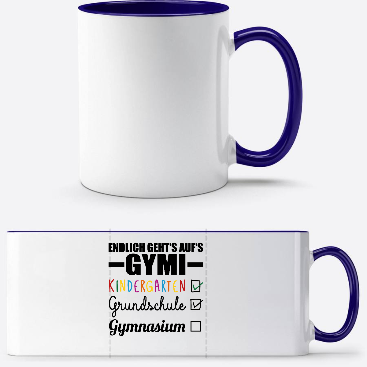 Tasse Endlich geht's auf's Gymi schwarzbunt mit Name - Weiß/Dunkelblau