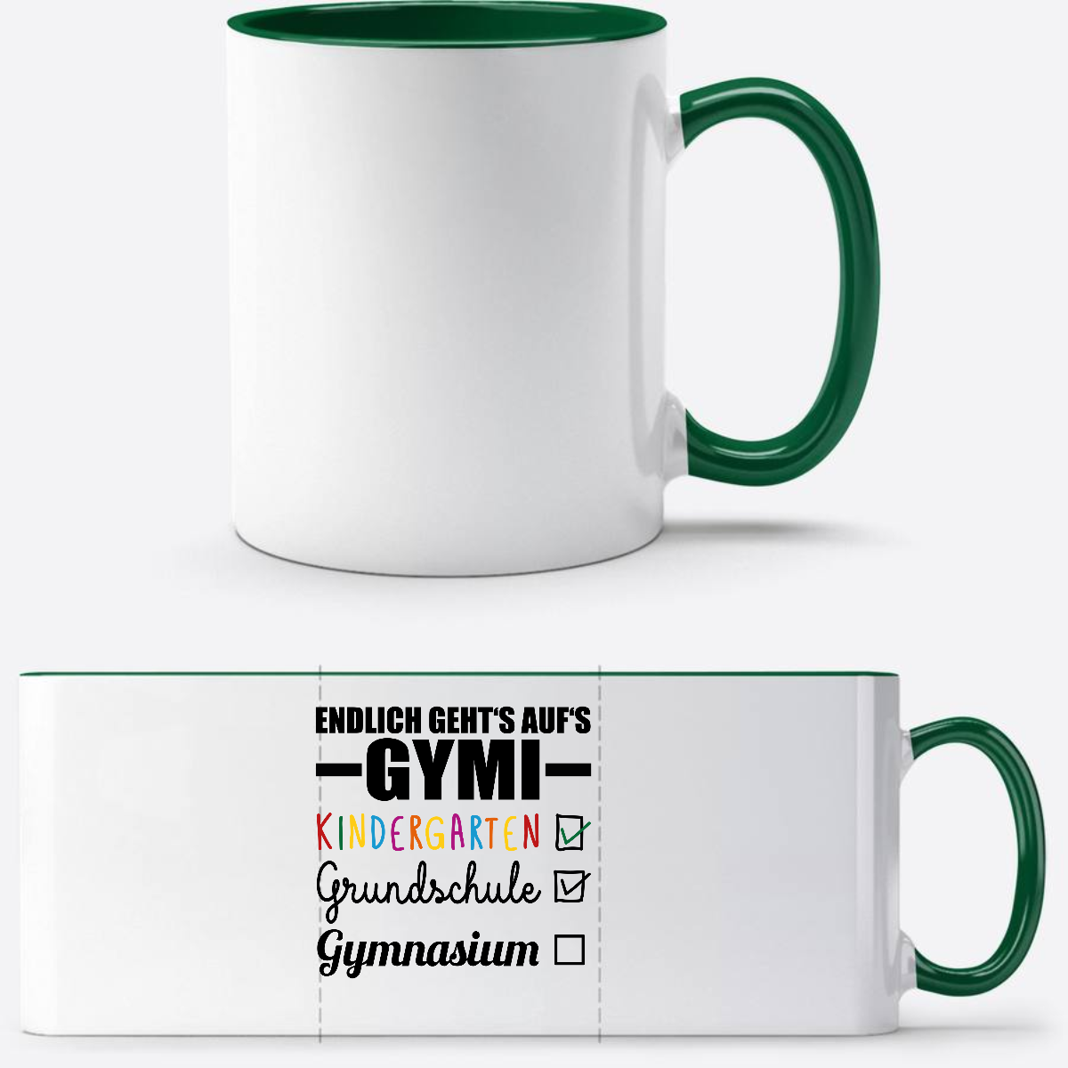 Tasse Endlich geht's auf's Gymi schwarzbunt mit Name - Weiß/Dunkelgrün