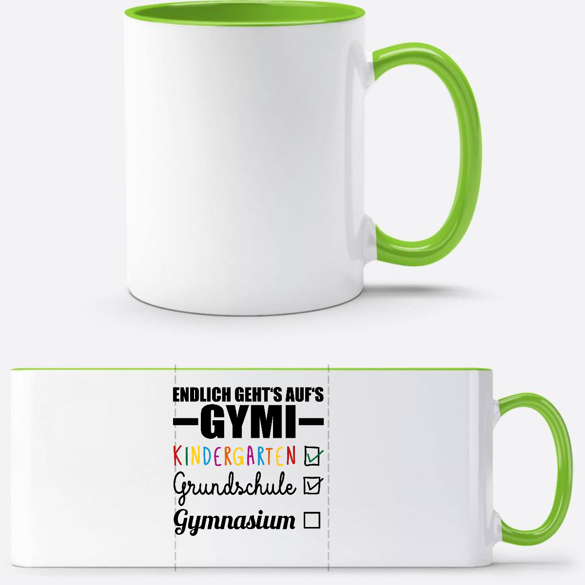 Tasse Endlich geht's auf's Gymi schwarzbunt mit Name - Weiß/Grün