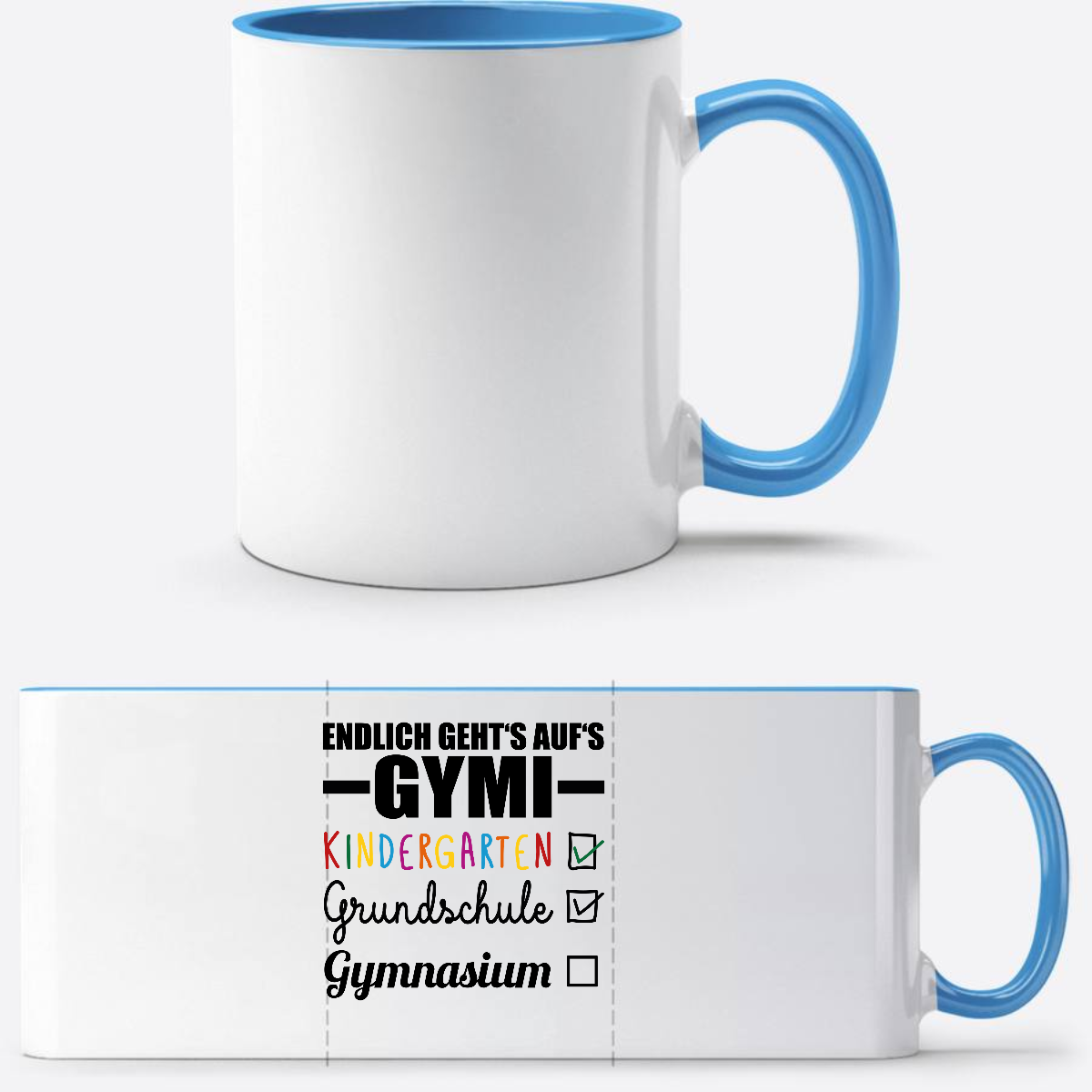 Tasse Endlich geht's auf's Gymi schwarzbunt mit Name - Weiß/Hellblau