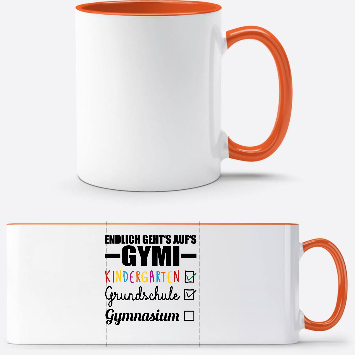 Tasse Endlich geht's auf's Gymi schwarzbunt mit Name - Weiß/Orange