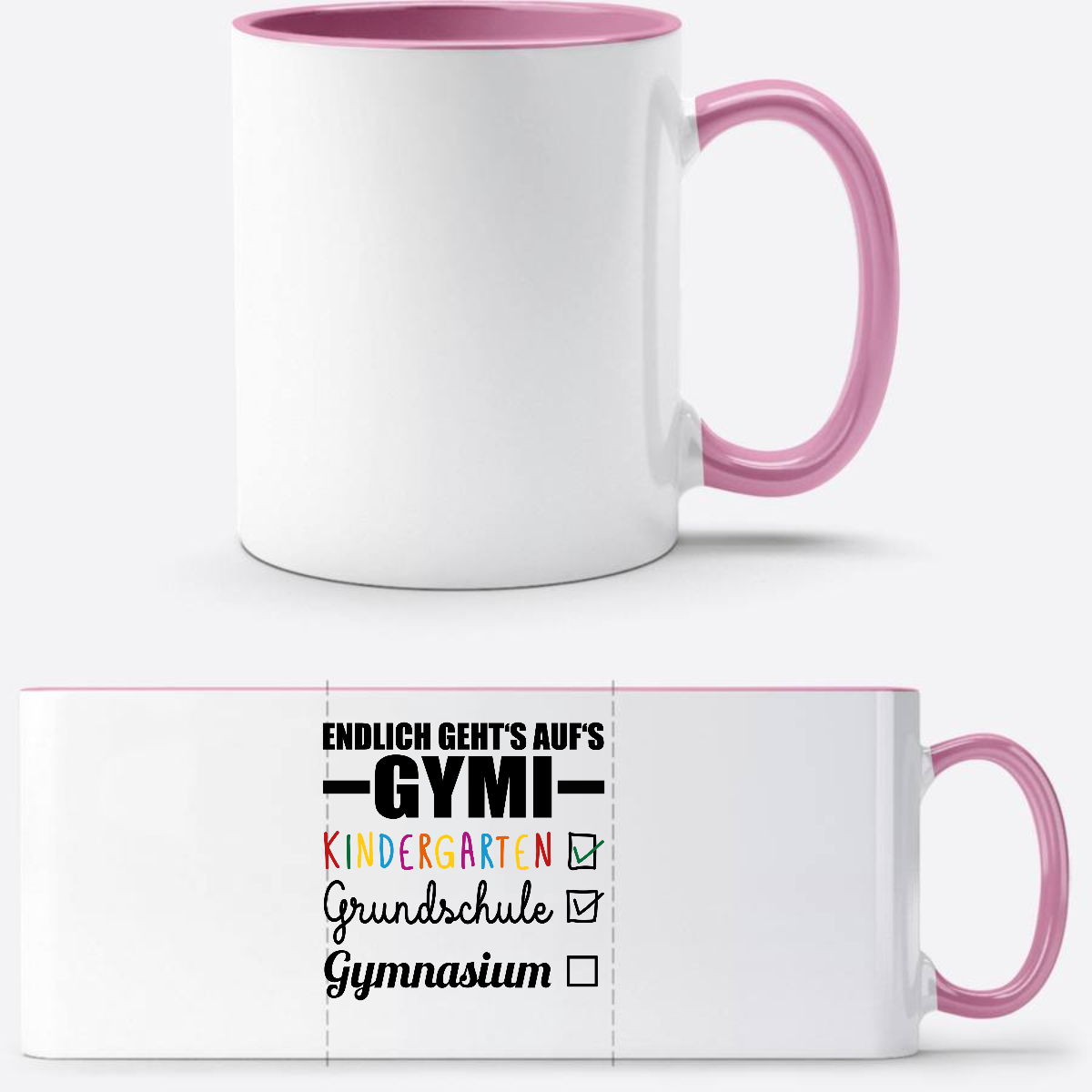 Tasse Endlich geht's auf's Gymi schwarzbunt mit Name - Weiss/Rosa