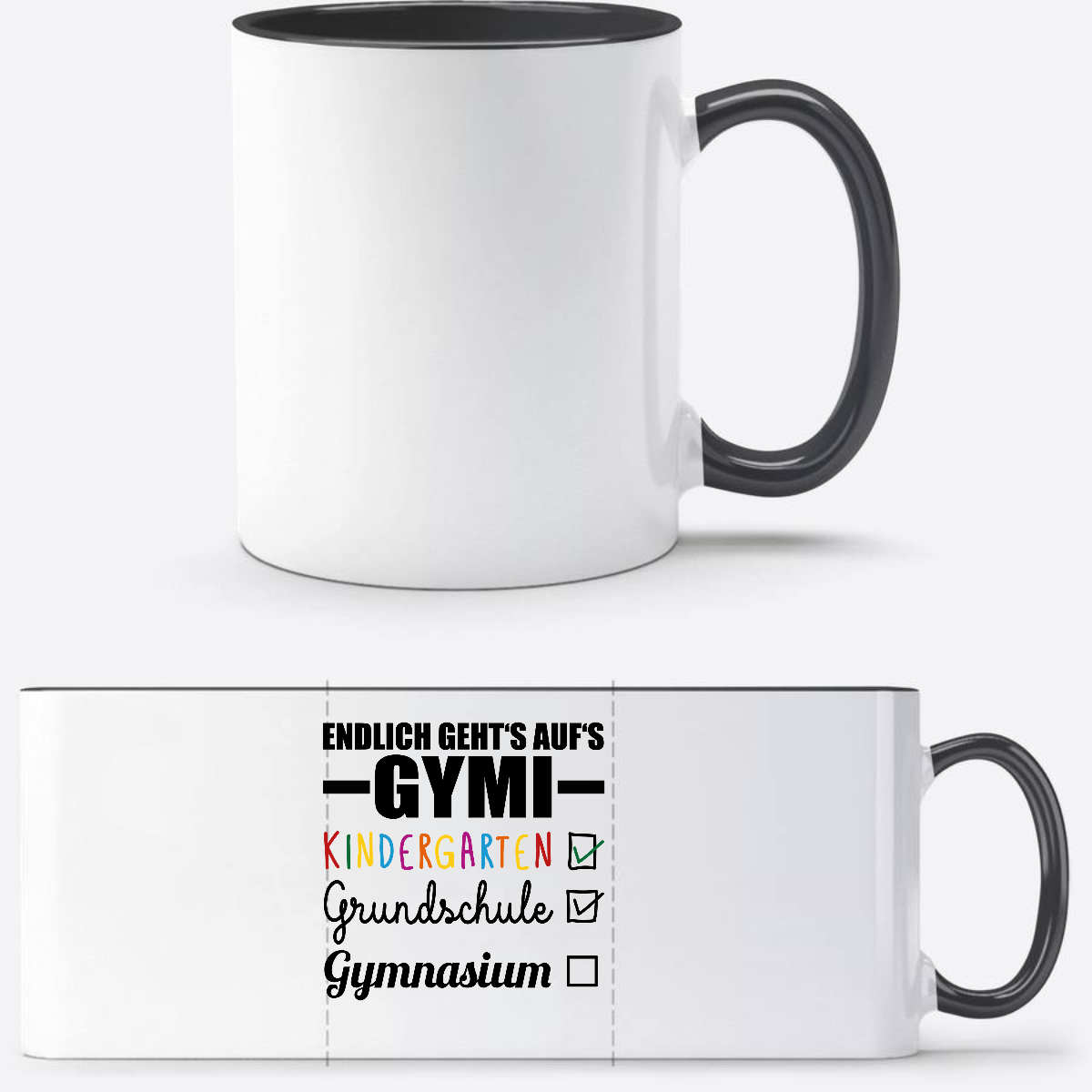 Tasse Endlich geht's auf's Gymi schwarzbunt mit Name - Weiß/Schwarz