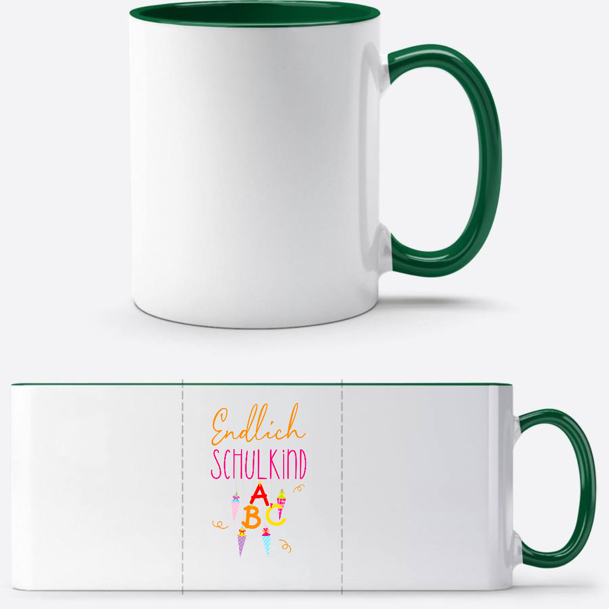Tasse „Endlich Schulkind“ mit Namen – Einschulungsgeschenk - Weiß/Dunkelgrün