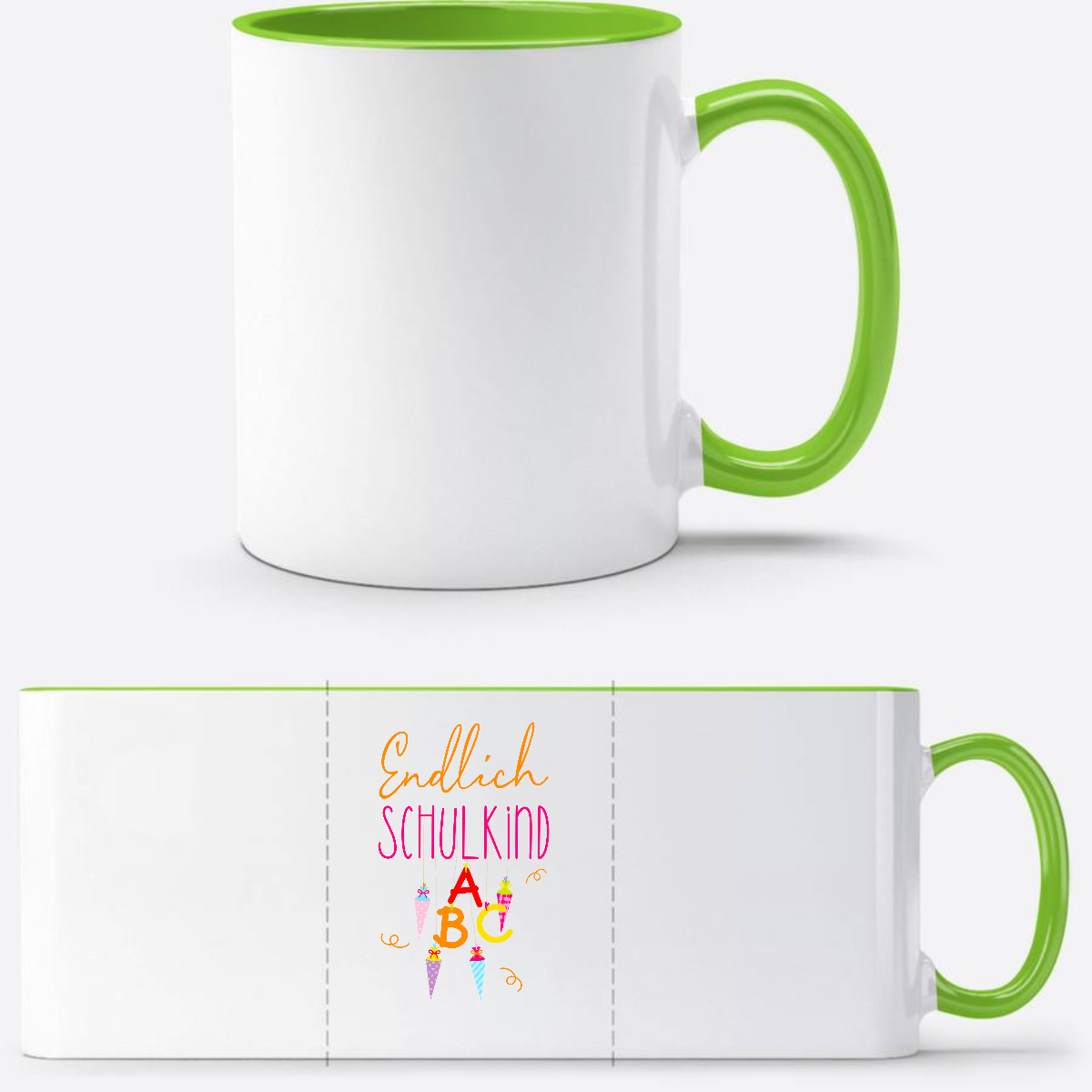 Tasse „Endlich Schulkind“ mit Namen – Einschulungsgeschenk - Weiß/Grün
