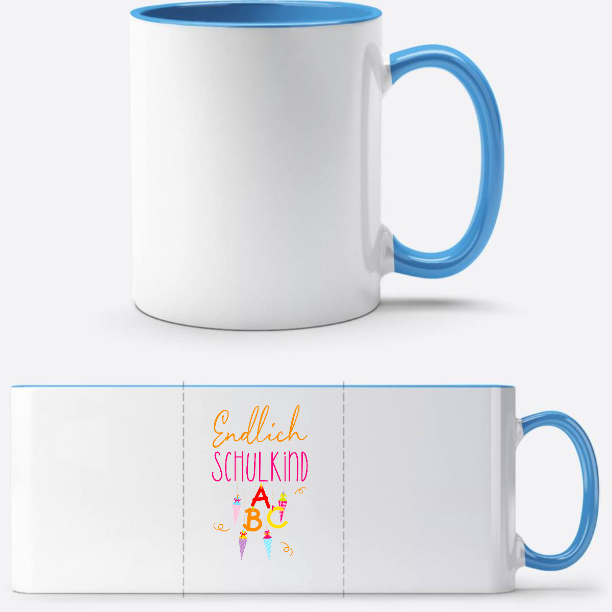 Tasse „Endlich Schulkind“ mit Namen – Einschulungsgeschenk - Weiß/Hellblau