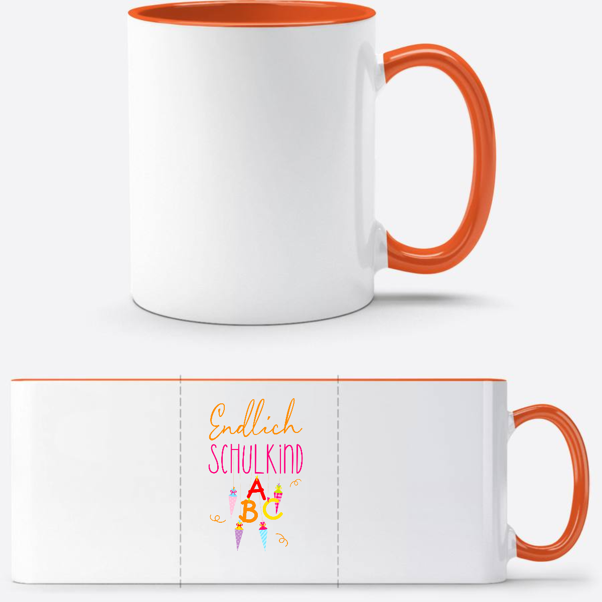Tasse „Endlich Schulkind“ mit Namen – Einschulungsgeschenk - Weiß/Orange