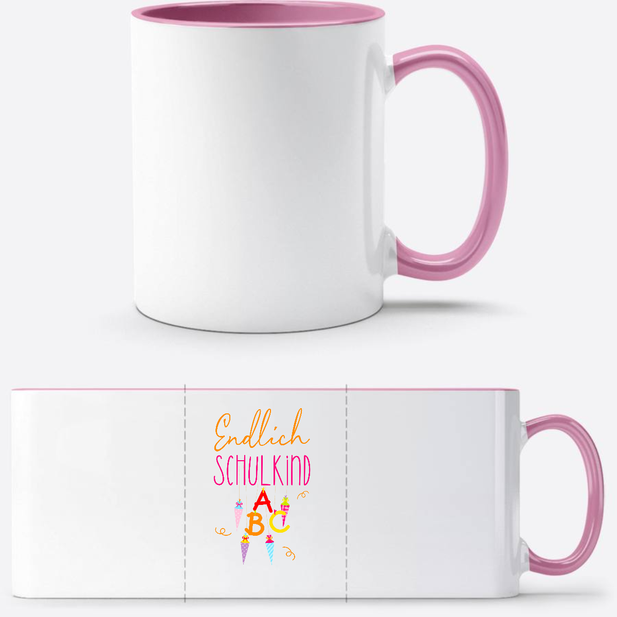 Tasse „Endlich Schulkind“ mit Namen – Einschulungsgeschenk - Weiss/Rosa