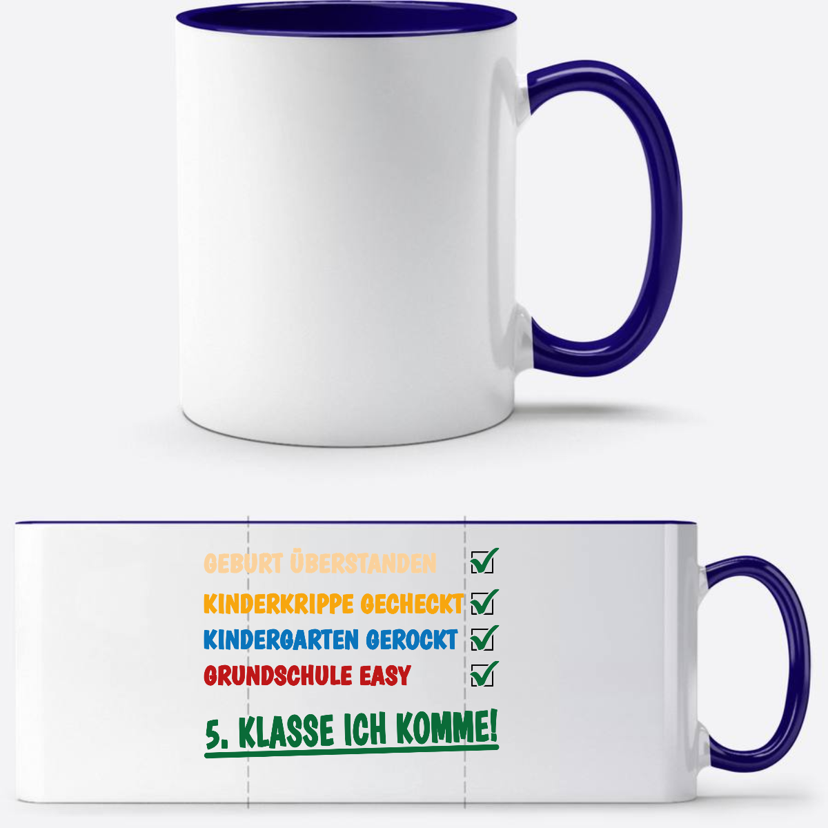 Tasse: Grundschule überstanden, 5. Klasse – Personalisiert - Weiß/Dunkelblau