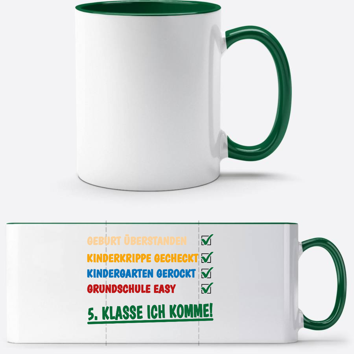 Tasse: Grundschule überstanden, 5. Klasse – Personalisiert - Weiß/Dunkelgrün