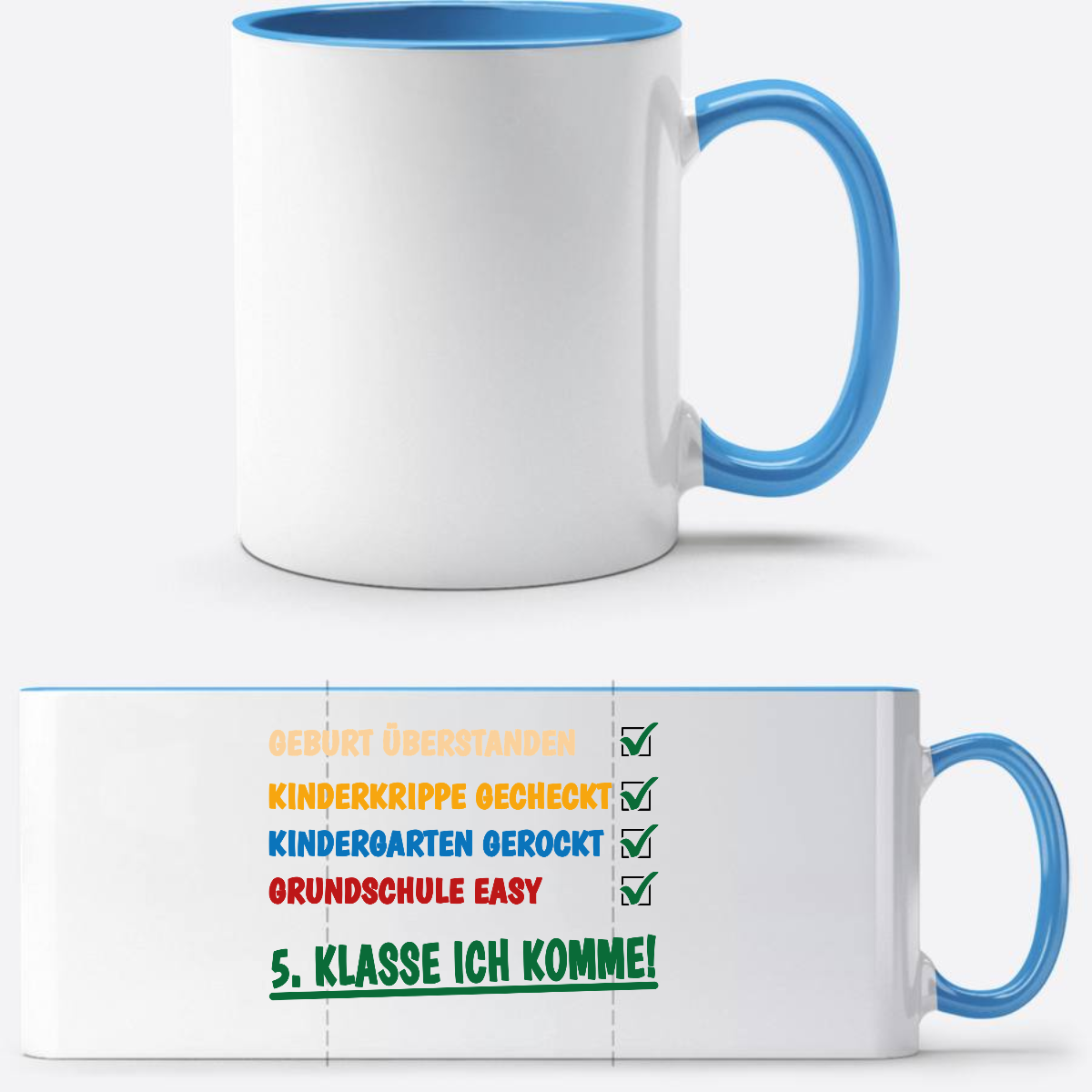 Tasse: Grundschule überstanden, 5. Klasse – Personalisiert - Weiß/Hellblau