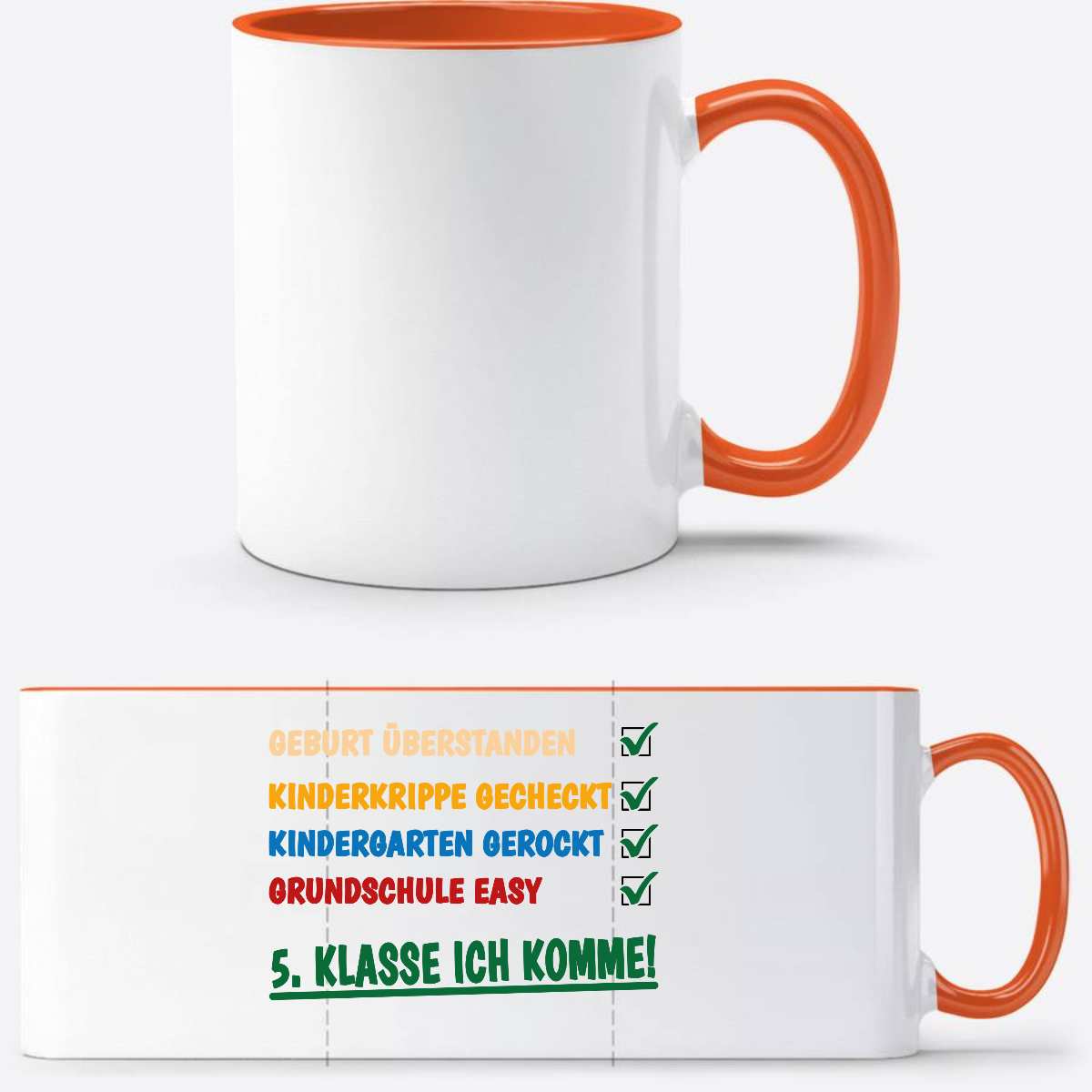 Tasse: Grundschule überstanden, 5. Klasse – Personalisiert - Weiß/Orange