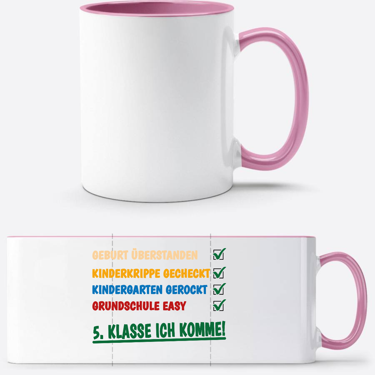 Tasse: Grundschule überstanden, 5. Klasse – Personalisiert - Weiss/Rosa