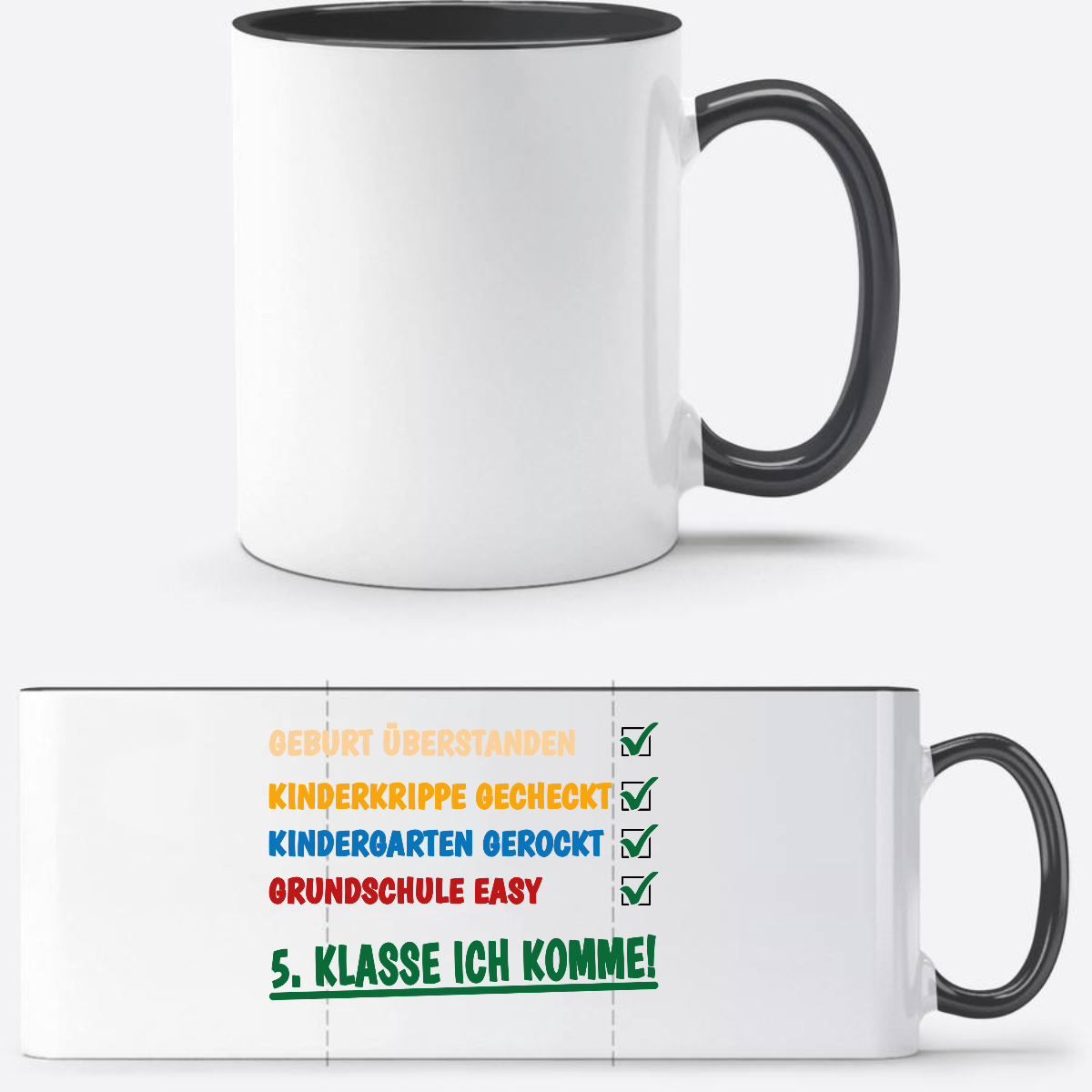 Tasse: Grundschule überstanden, 5. Klasse – Personalisiert - Weiß/Schwarz