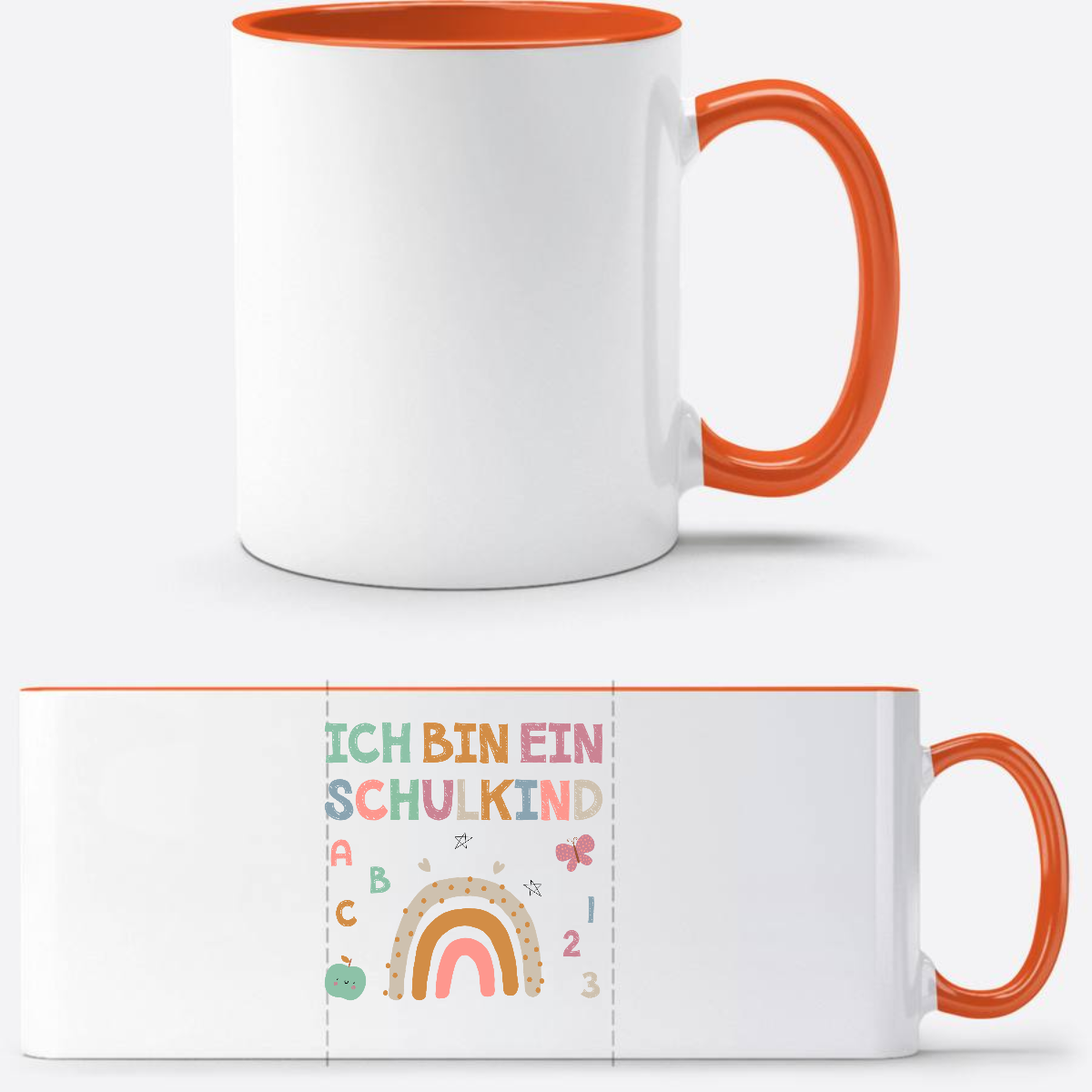 Tasse „Ich bin ein Schulkind“ – Geschenk zur Einschulung - Weiß/Orange
