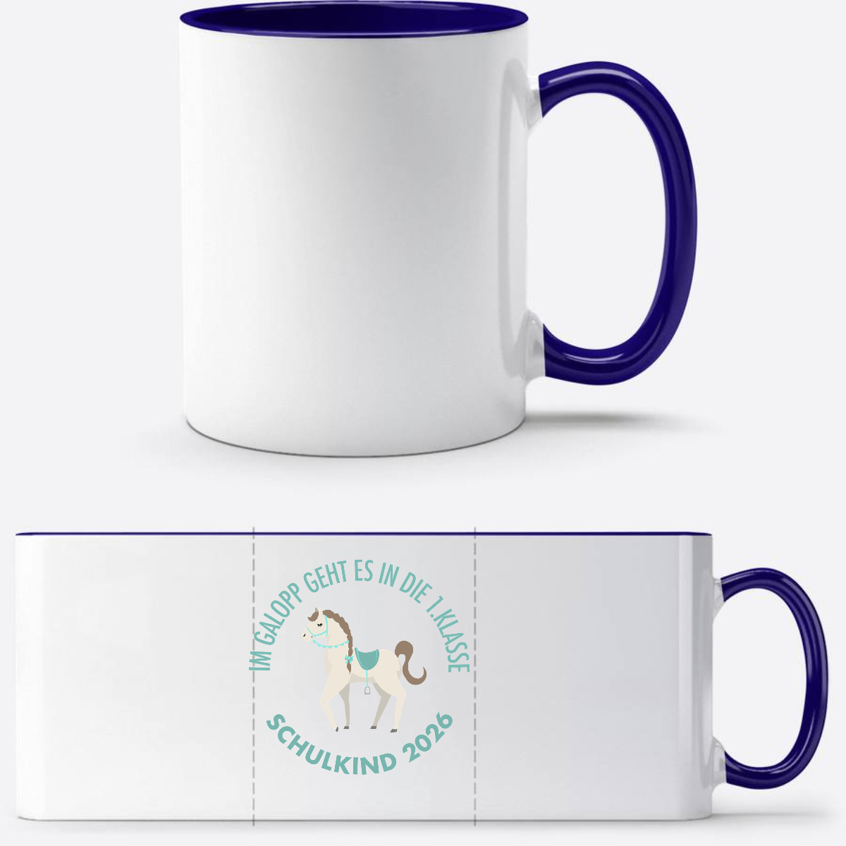 Tasse Im Galopp Schulkind 2026 – Personalisiert mit Name - Weiß/Dunkelblau