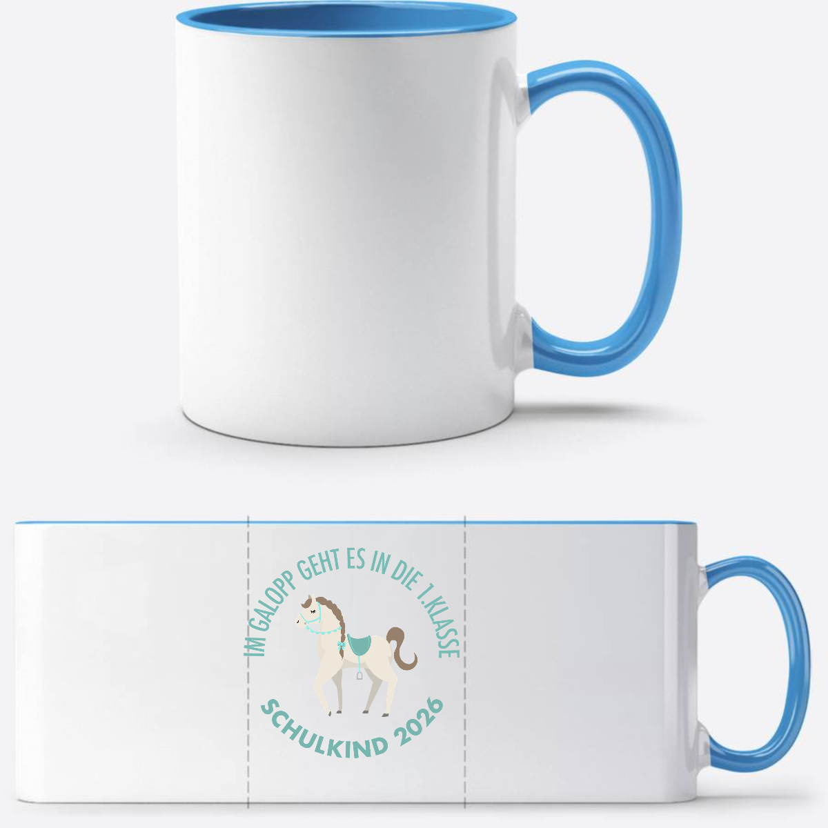 Tasse Im Galopp Schulkind 2026 – Personalisiert mit Name - Weiß/Hellblau