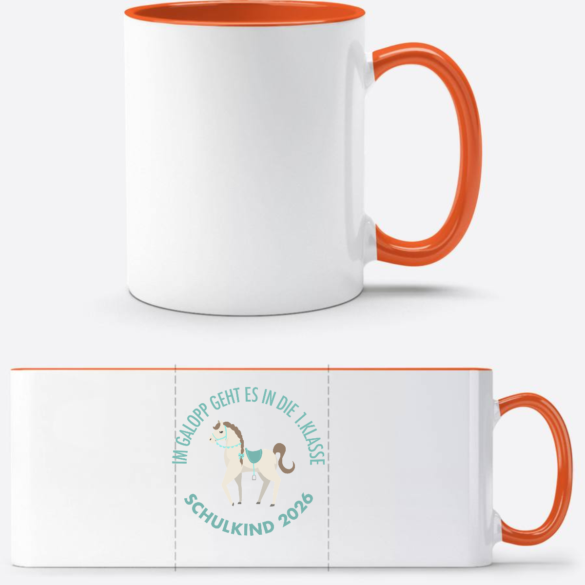 Tasse Im Galopp Schulkind 2026 – Personalisiert mit Name - Weiß/Orange