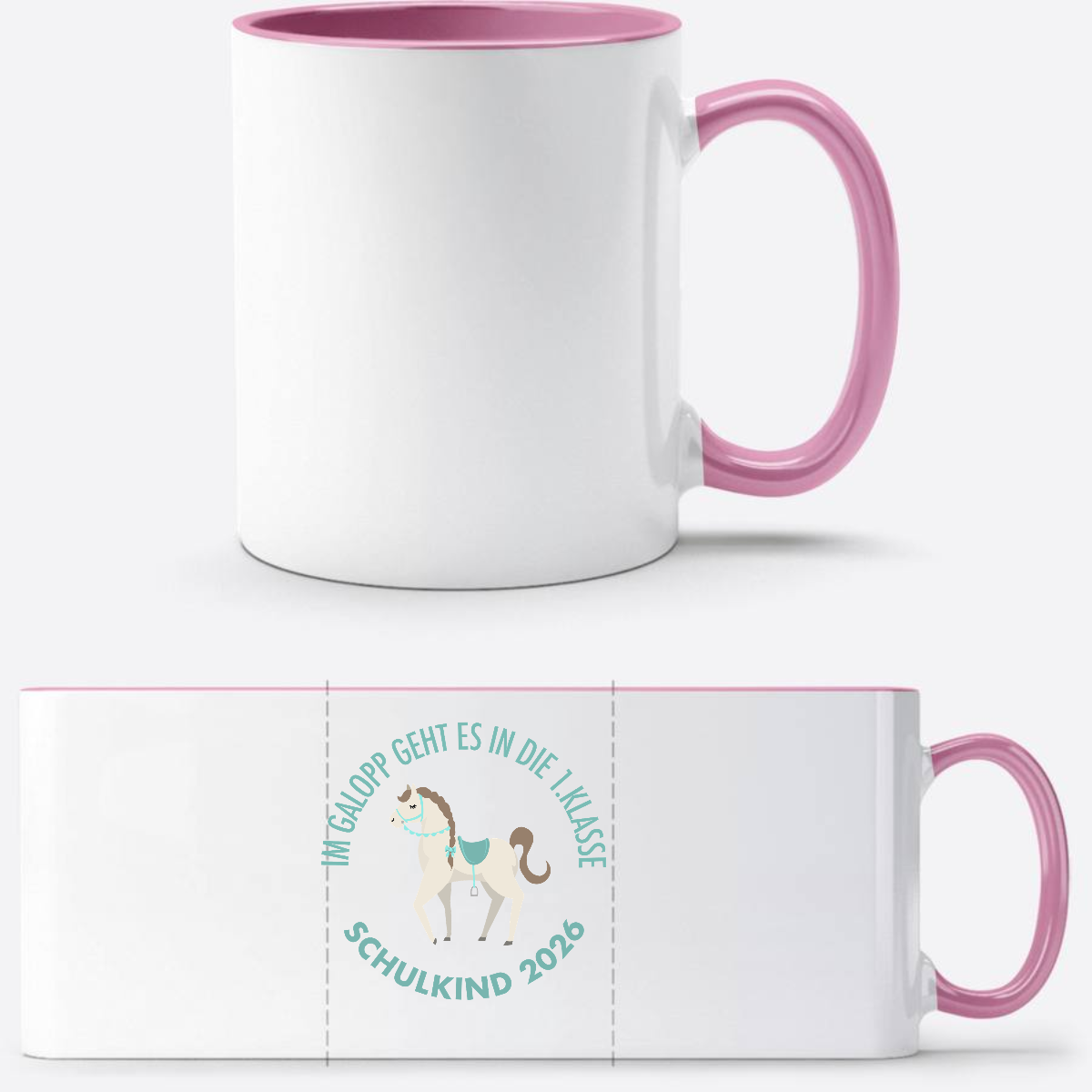 Tasse Im Galopp Schulkind 2026 – Personalisiert mit Name - Weiss/Rosa