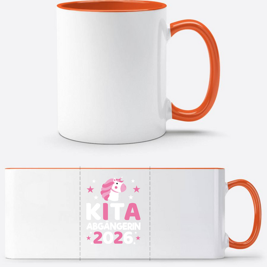 Tasse Kita Abgängerin 2026 Einhorn – Geschenk zur Einschulung - Weiß/Orange