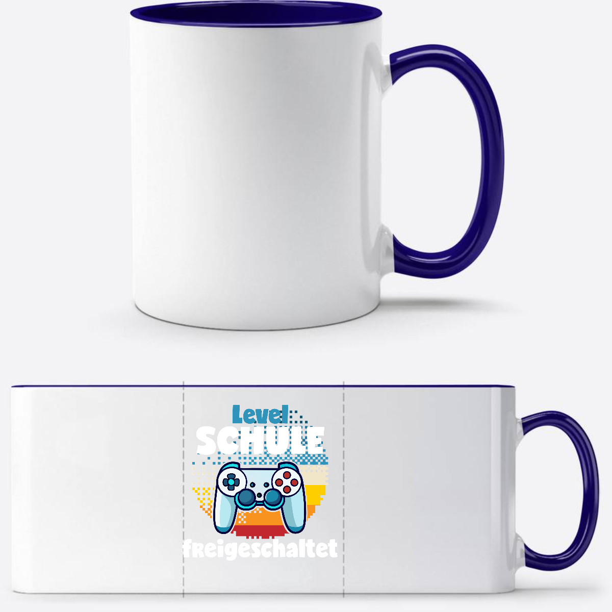Tasse Level Schule freigeschaltet – Geschenk zur Einschulung - Weiß/Dunkelblau