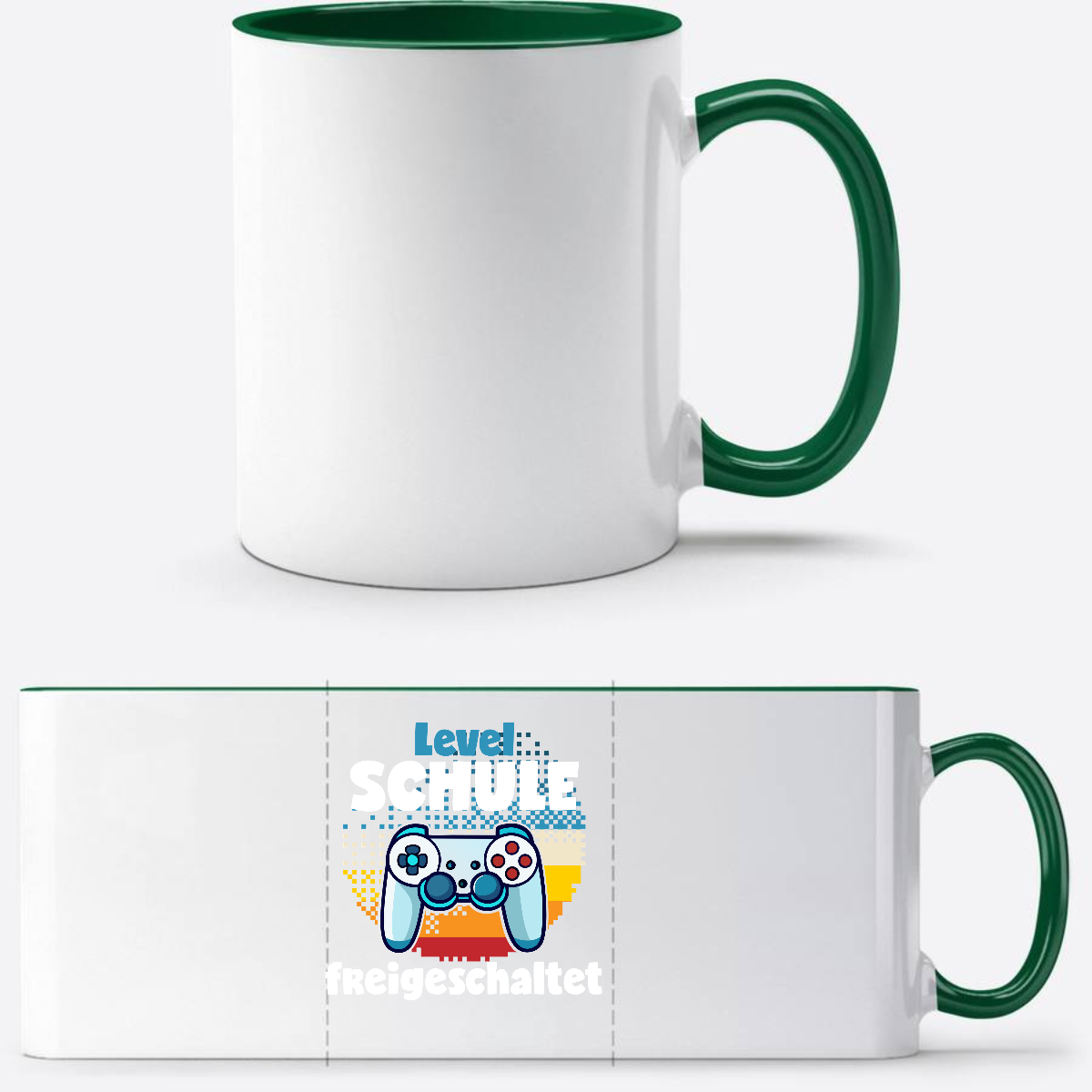 Tasse Level Schule freigeschaltet – Geschenk zur Einschulung - Weiß/Dunkelgrün