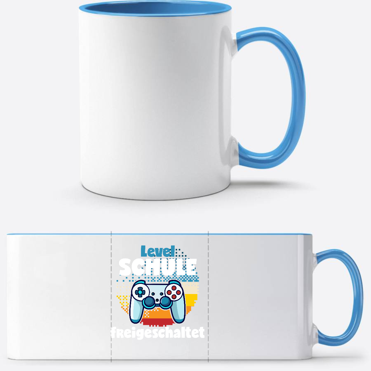 Tasse Level Schule freigeschaltet – Geschenk zur Einschulung - Weiß/Hellblau