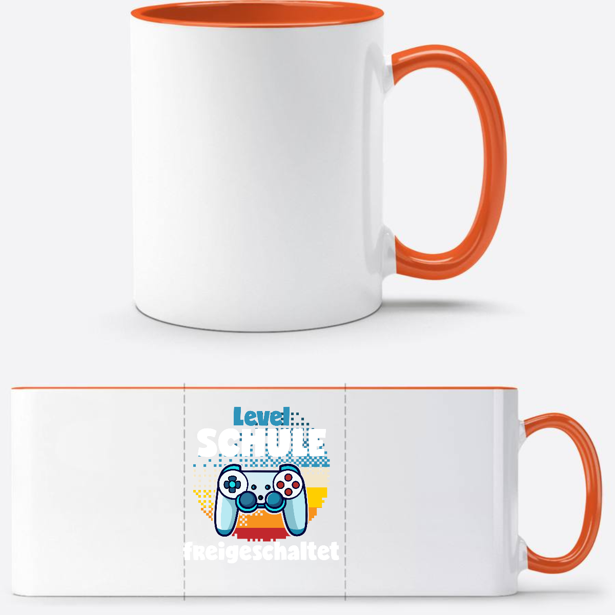 Tasse Level Schule freigeschaltet – Geschenk zur Einschulung - Weiß/Orange